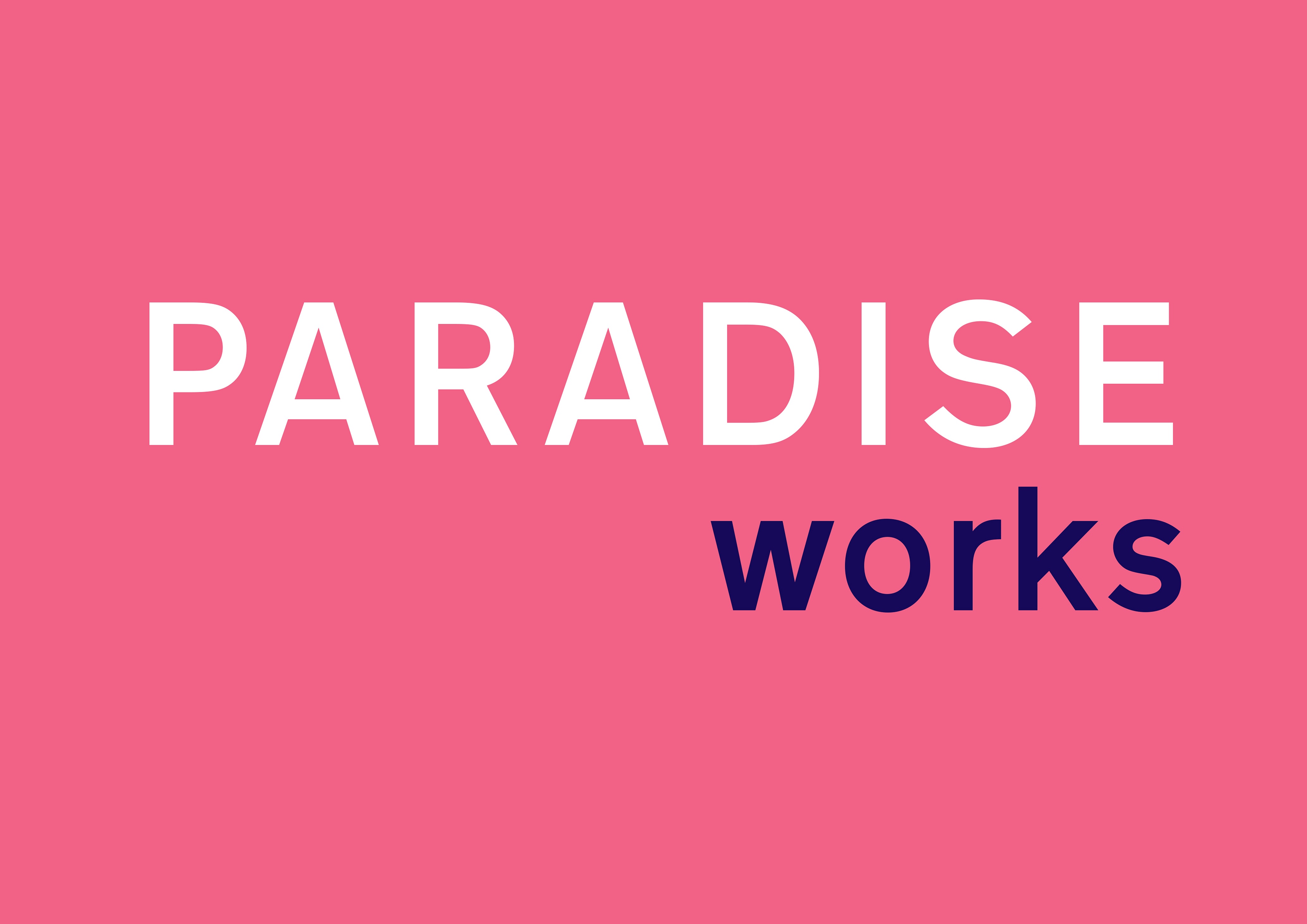 Logo for Paradise works. Pink background then word 'PARADISE' in white and works in 'blue'.