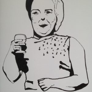 Elliott Flanagan, Where have all the angry young men gone?, detail (2016). Image courtesy of artist. Illustration of a woman holding a wine glass.