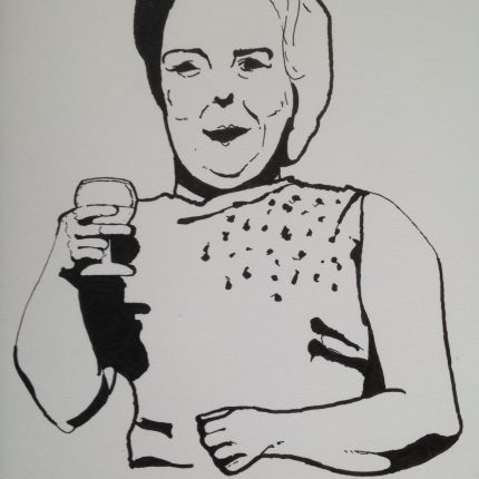 Elliott Flanagan, Where have all the angry young men gone?, detail (2016). Image courtesy of artist. Illustration of a woman holding a wine glass.