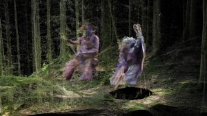 Still from 'Where the City Can't See'. Courtesy of Liam Young. Photograph shows two figures dancing in a forest.