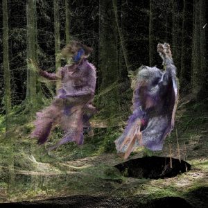 Still from 'Where the City Can't See'. Courtesy of Liam Young. Photograph shows two figures dancing in a forest.
