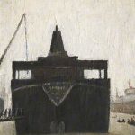 L.S. Lowry painting of a ship on the Tyne. In front of the ship is a long rowing boat full of people.