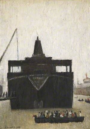L.S. Lowry painting of a ship on the Tyne. In front of the ship is a long rowing boat full of people.