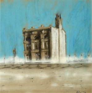 Chalk pastel image of a three storey building. The back ground is light blue with the building a mixture of white, grey, black and brown. In the foreground there is a faint impression of a railway line.