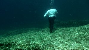 Man dress in white shirt and black trousers walking on a seabed.