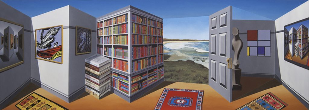 An optical illusion painting, featuring a wall of books, a wall of paintings, a door and a beach in the background.