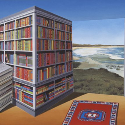 An optical illusion painting, featuring a wall of books, a wall of paintings, a door and a beach in the background.
