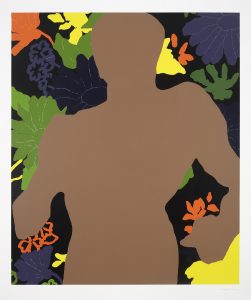 Dark silhouette, derived from an athletic statue of Mussolini, on a background of vibrant flowers.
