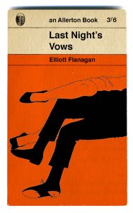 Mock-up Penguin book. Main picture has orange background then in the foreground is the black silhouette of a man's legs with a woman's legs, outlined in a black line, on top. The title of the book is Last Night's Vows.