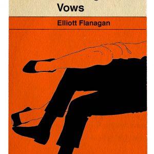 Mock-up Penguin book. Main picture has orange background then in the foreground is the black silhouette of a man's legs with a woman's legs, outlined in a black line, on top. The title of the book is Last Night's Vows.