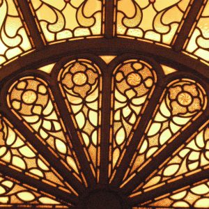 Detail of stained glass fanlight window at Peel Buidling Univesity of Salford