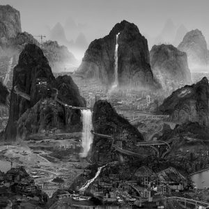 Black and white photography of mountains and waterfalls.