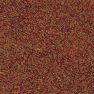 Abstract red and yellow painting outlining Salford and Manchester.