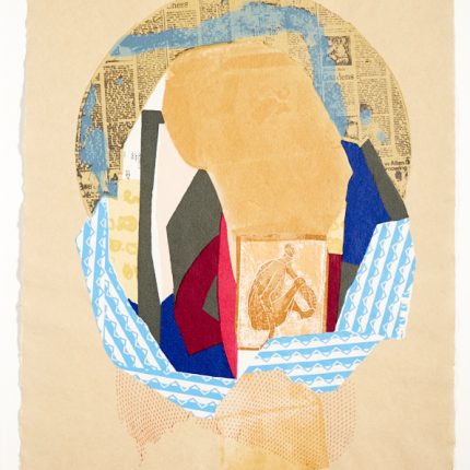 A collage of a twenty layered screenprint, include newspaper clippings, netting from a bag of oranges and an part of an envelope.