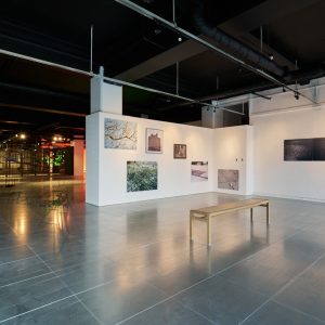 Photograph of gallery space. White walls with photographs on and a bench is positioned in the foreground.