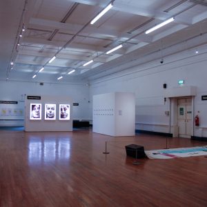 Gallery photograph. In the distance are 3 lightboxes of 3 people's faces. On the right is an artwork on material which is draped on the floor.