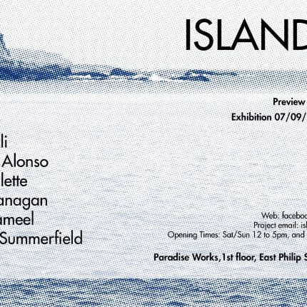 A printed picture of a headland and the sea. List of artists' names and the title of the exhibition Island Life.