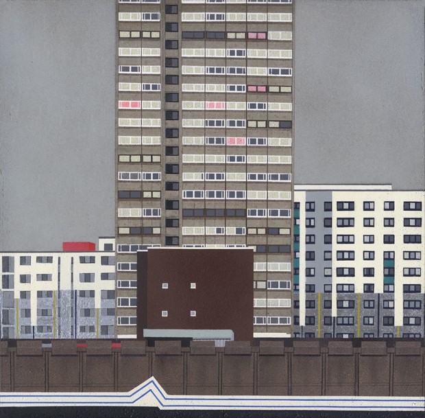 An abstract, minimalist painting depicting concrete tower blocks against a grey sky.
