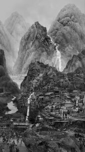 Black and white still from a video depicting mountains, which on closer inspection are made up of buildings.