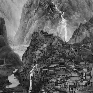 Black and white still from a video depicting mountains, which on closer inspection are made up of buildings.