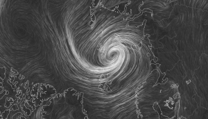 Black and white image that appears to be depicting a tornado on a map.