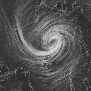 Black and white image that appears to be depicting a tornado on a map.