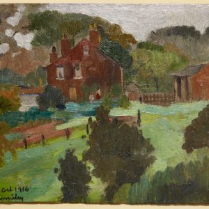 a small oil painting by artist adolphe valette. The image depicts a peaceful rural landscape scene with green fields, trees, and a brick building.