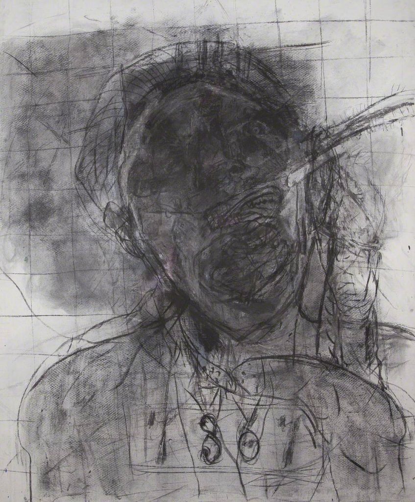 A large black and grey drawing on paper. The head and shoulders of a figure appear, drawn over multiple times so that the features are quite obscured. The drawing, made in charcoal and oil, is part of the artists series about political oppression. Despite the title, the figure appears in pain or discomfort.