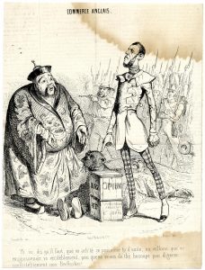 Satire. A historic lithograph showing a Chinese man confronted by an Englishman, who points at a box of 'opium'. Troops are in the background