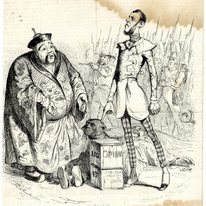 Satire. A historic lithograph showing a Chinese man confronted by an Englishman, who points at a box of 'opium'. Troops are in the background