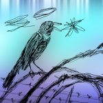 a light blue and purple background. a digital drawing of a blackbird sitting on barbed wire. it is drawn quite quickly and loosely. the image is a still from an animated film called Birds or Borders