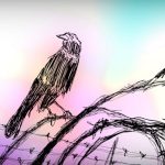 A drawing in black showing a bird sat on a branch infront of razor wire. The background is pink white and blue cloud textures.