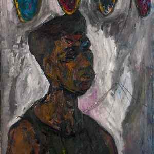 a self portrait in oil, showing the head and shoulders of a black man. He wears a vest and short hair. In the background are flags or bunting in red and green