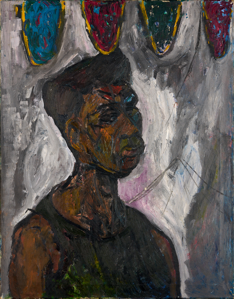 a self portrait in oil, showing the head and shoulders of a black man. He wears a vest and short hair. In the background are flags or bunting in red and green