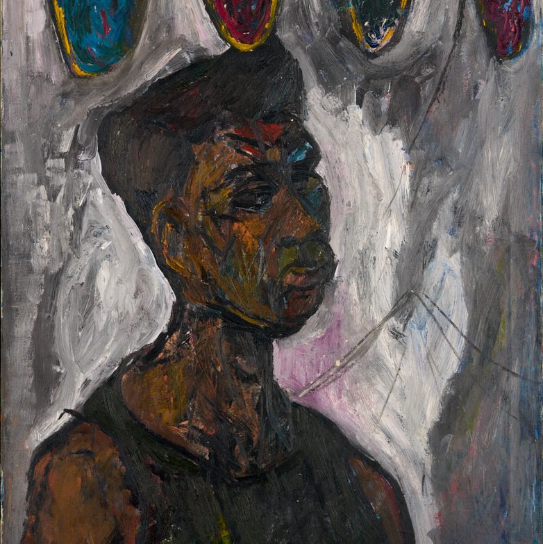 a self portrait in oil, showing the head and shoulders of a black man. He wears a vest and short hair. In the background are flags or bunting in red and green