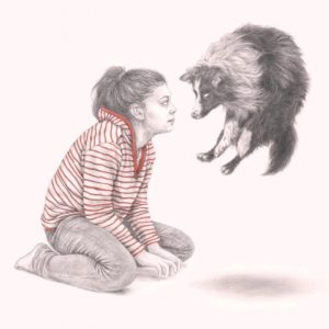 an artists drawings showing a young woman kneeling on the floor wearing grey trousers and a red striped top, next to her a sheepdog appears to float mid air