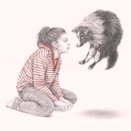 an artists drawings showing a young woman kneeling on the floor wearing grey trousers and a red striped top, next to her a sheepdog appears to float mid air