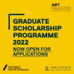 Navy text on a yellow background reads: Graduate Scholarship Programme 2022, now open for applications, and includes three logos; the university of salford art collection, the university of salford school of arts, media & creative technology, and Castlefield Gallery