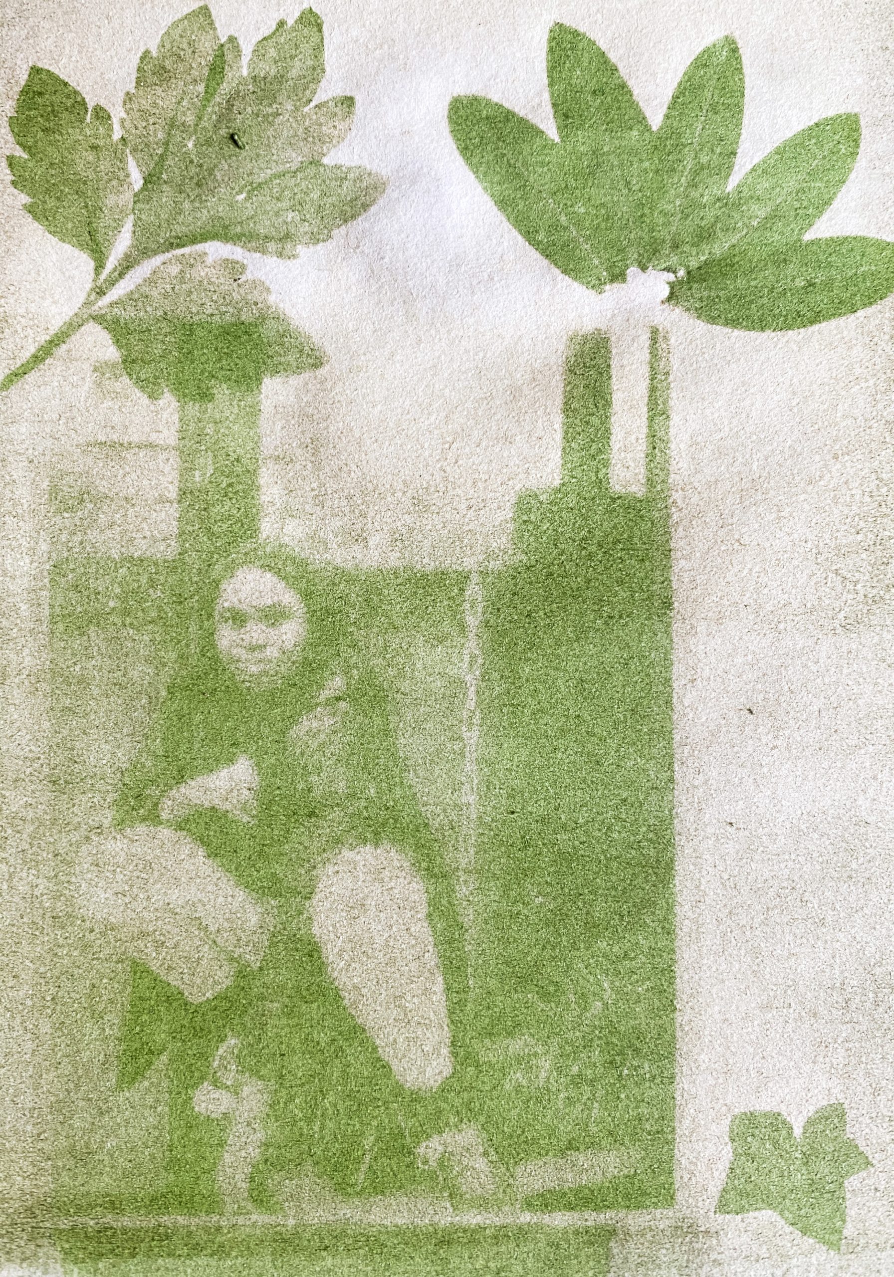 Anthotype image of young person crouched on a rain garden surrounded by leaves
