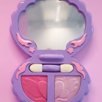 Stylised purple sculpture of a 2000s style make-up compact with mirror.