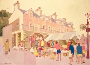 A colourful painting of an outdoor market scene.