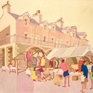 A colourful painting of an outdoor market scene.