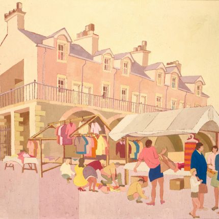 A colourful painting of an outdoor market scene.