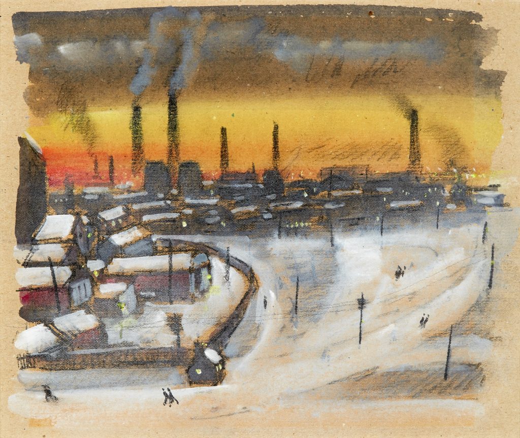 A chalk and gouache image depicts an industrial skyline, with clouds of smoke billowing from chimneys into an orange sky. In the foreground, a couples walk across snowy paths.