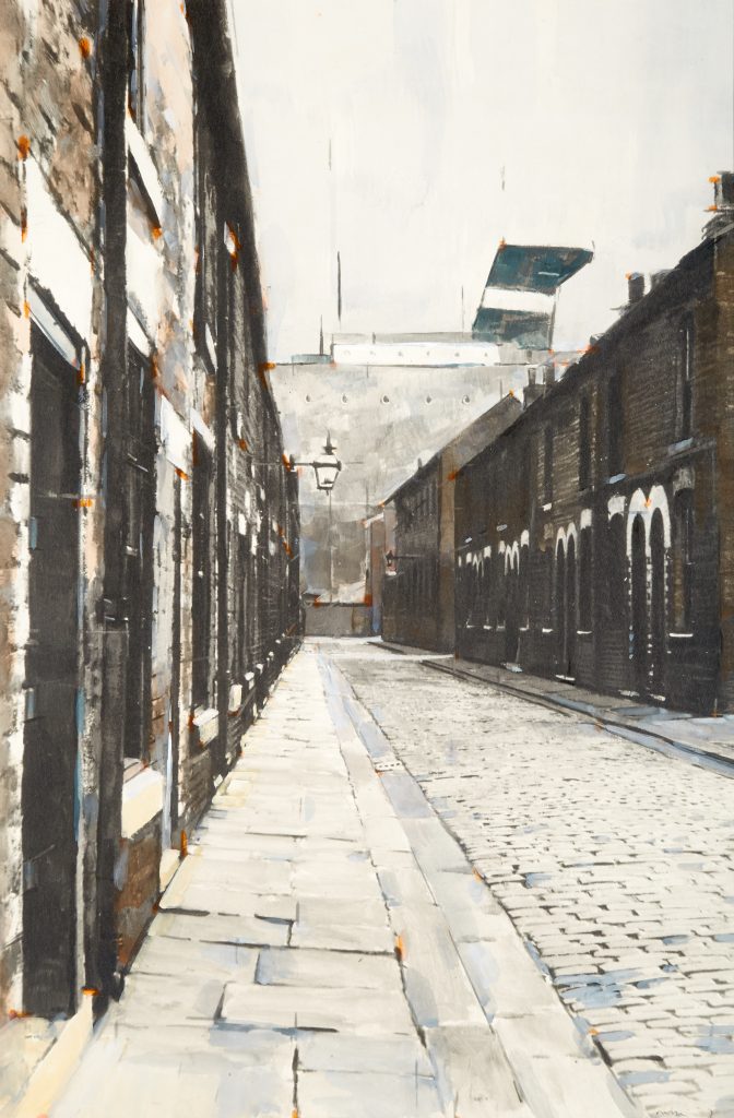 A gouache painting shows a street of dark brick houses with arched doorways. The stone street leads down to a view of a boat on the docks.