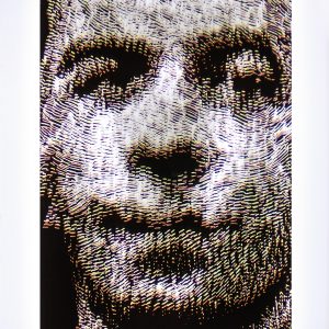 Layers of cyan, magenta, and yellow hand drawn marks form the image of a mans face.