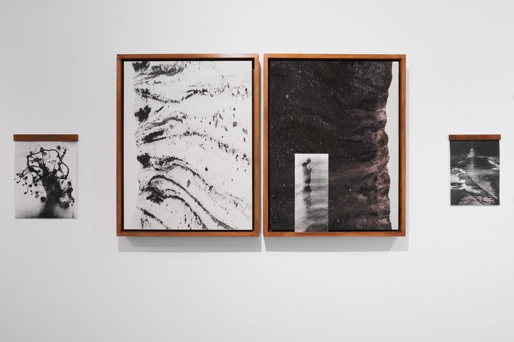 Detailed view of Strange Eden by Mario Popham hung against a white wall in dark wood frames. The work is comprised of black and white abstracted patterns.