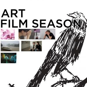 Art Film Season 2024 header image. Showcasing a thumbnail from each artist's film, alongside a drawing of a black bird from Parham Ghalamdar.