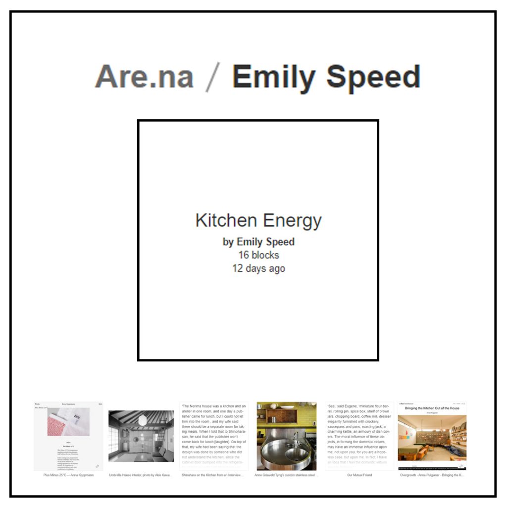 A graphic representing Emily Speed'S Are.na page 'Kitchen Energy'.
