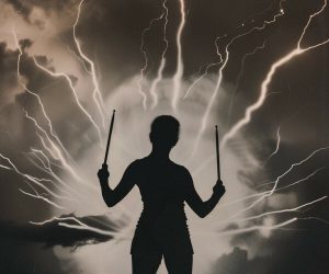 The silhouette of a percussionist is visible from the upper thighs, wielding two drumsticks, against a backdrop of tumultuous clouds, surrounded by lighting.